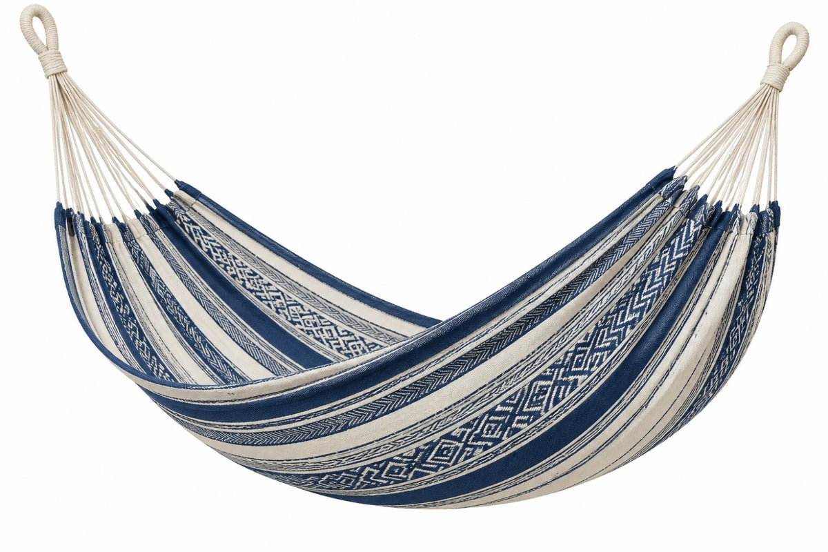 Amaca 300 x 100 cm in cotone blu e beige - sospesa per giardino e terrazzo