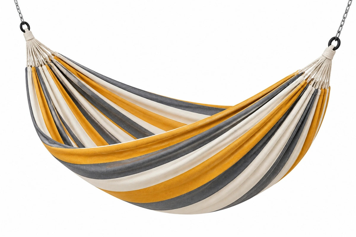 Amaca 200 x 150 cm in tessuto senape grigio e bianco a righe - sospensione per giardino