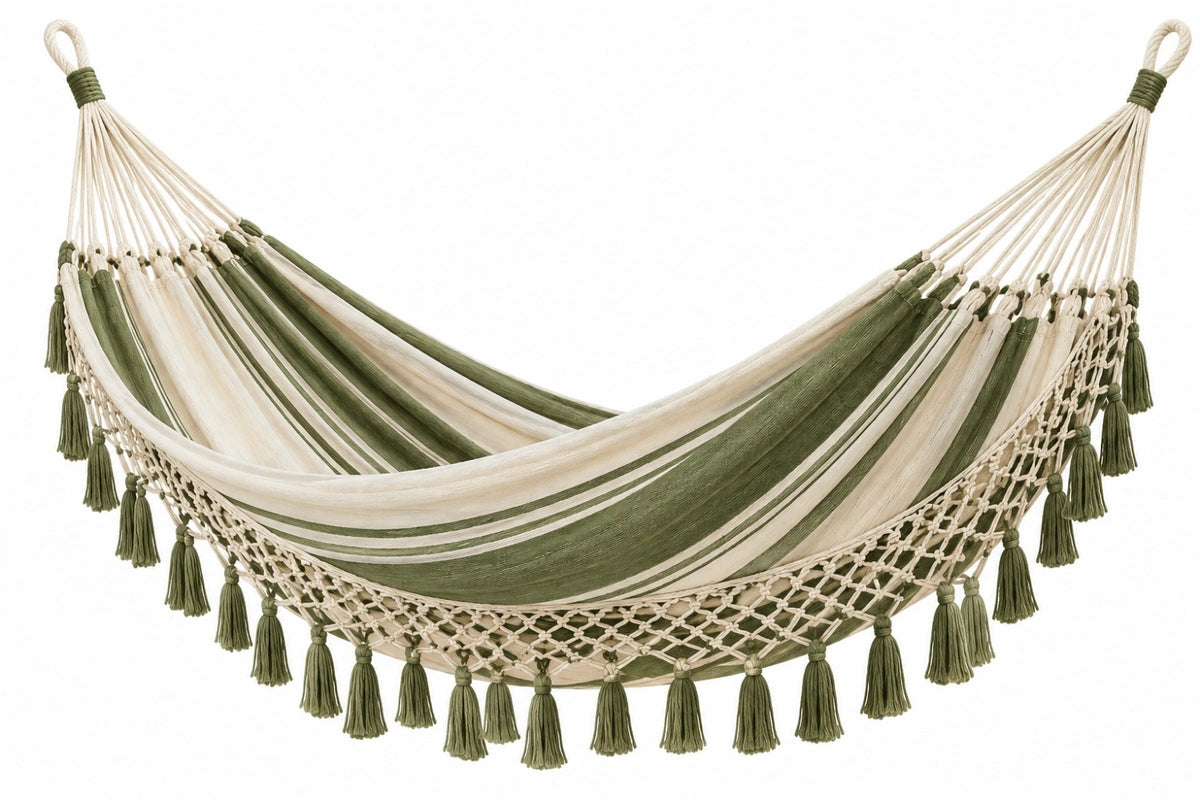 Amaca 200 x 100 cm in cotone verde e avorio con frange per relax sospeso