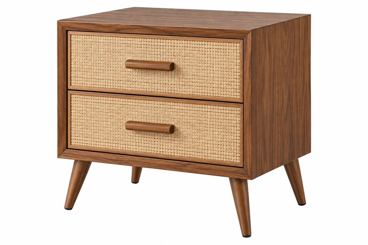 Comodino 60 x 40 x 60 cm in legno marrone con cassetti in rattan stile retrò