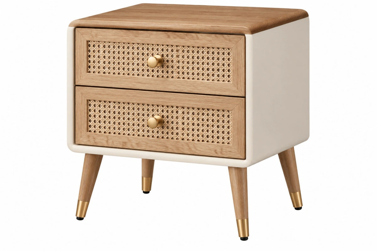 Comodino 45 x 35 x 55 cm in legno e rattan beige bianco - 2 cassetti stile retrò