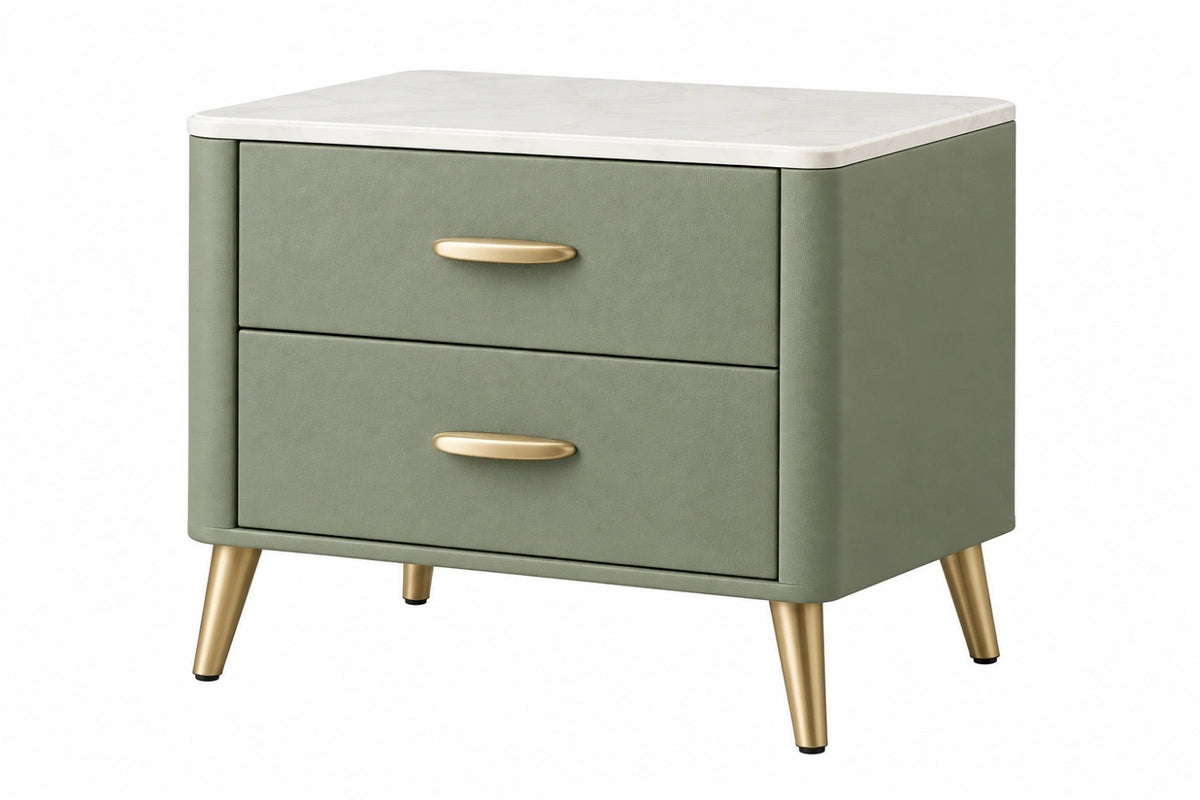 Comodino 60 x 40 x 55 cm verde con due cassetti piano effetto marmo e gambe in metallo stile moderno