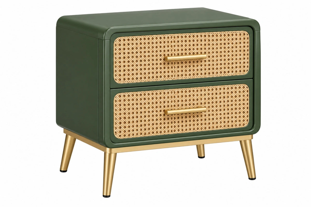Comodino 50 x 40 x 60 cm in legno verde con cassetti in rattan - stile retrò