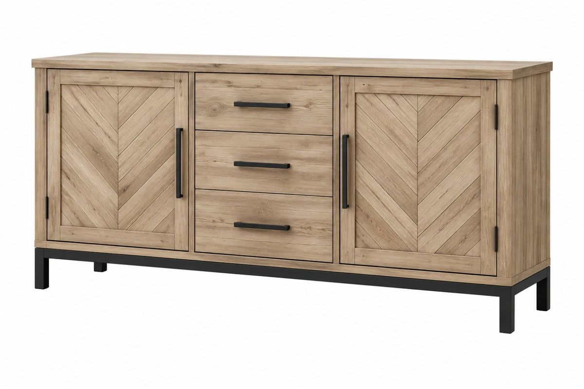 Credenza 180 x 45 x 85 cm in legno beige con 3 cassetti e 2 ante stile rustico moderno