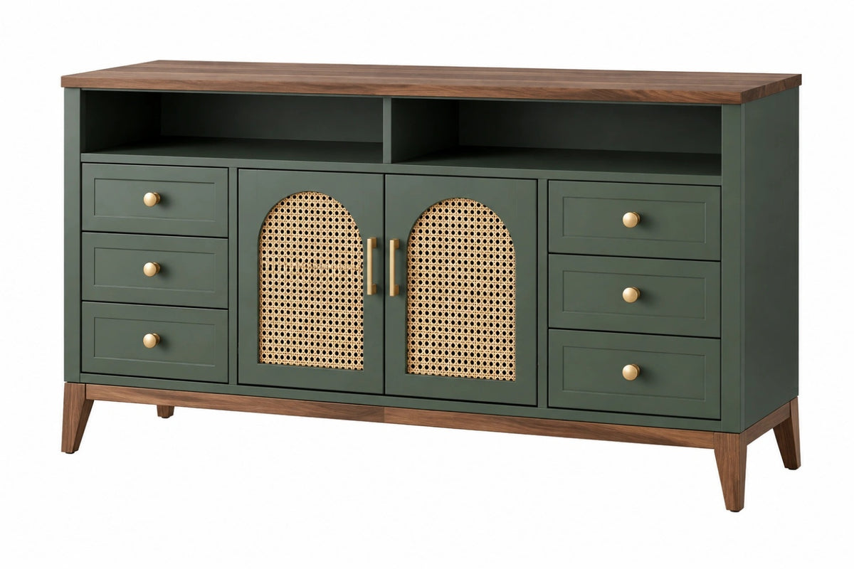 Credenza 180 x 45 x 90 cm in legno verde scuro e noce con rattan per soggiorno stile retrò