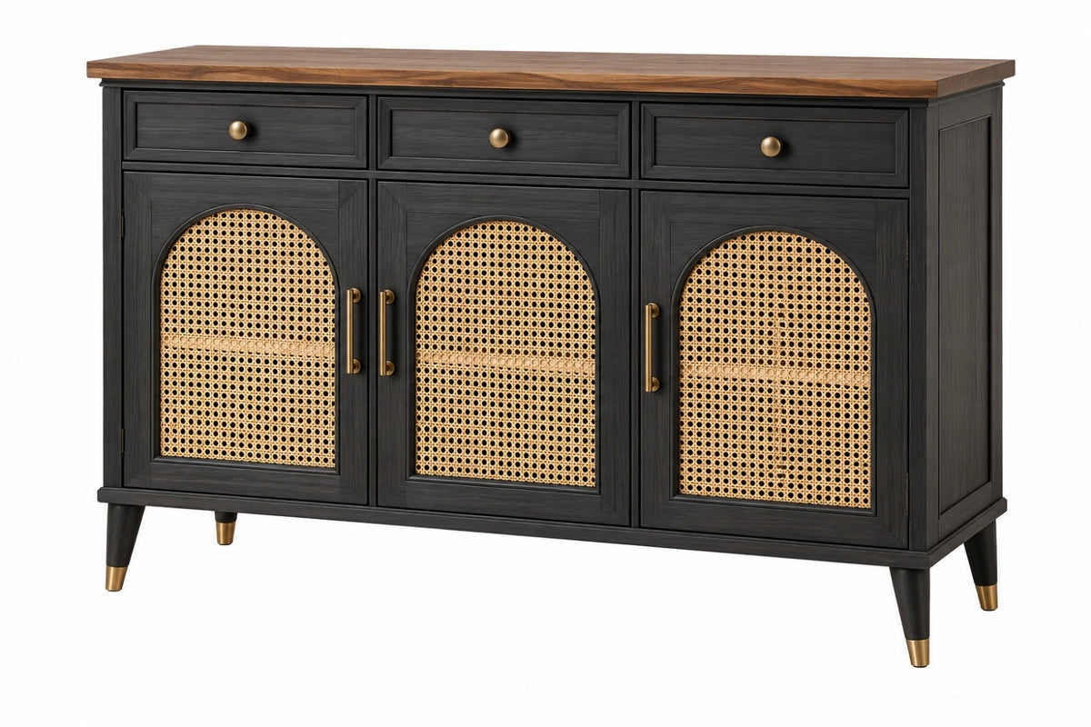 Credenza 160 x 45 x 90 cm in legno nero e rattan naturale - contenitore con 3 cassetti e 3 ante