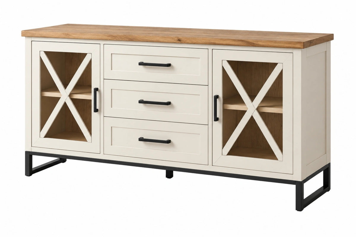 Credenza 150 cm in legno beige e naturale con 3 cassetti e 2 ante stile rustico