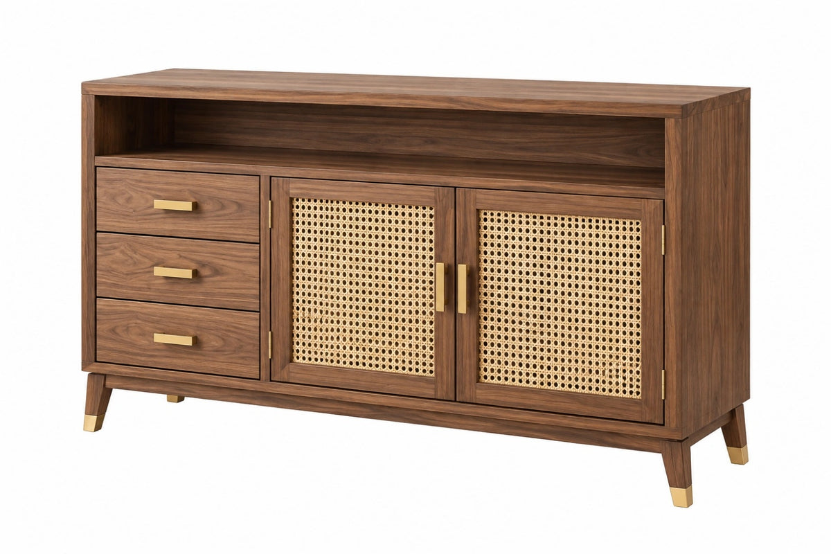 Credenza 160 x 45 x 85 cm in legno noce con rattan intrecciato - contenitore moderno