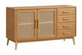 Credenza 140 cm in legno marrone con ante in rattan e cassetti stile moderno