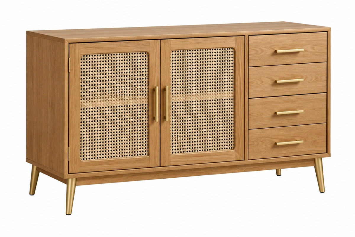 Credenza 140 cm in legno marrone con ante in rattan e cassetti stile moderno