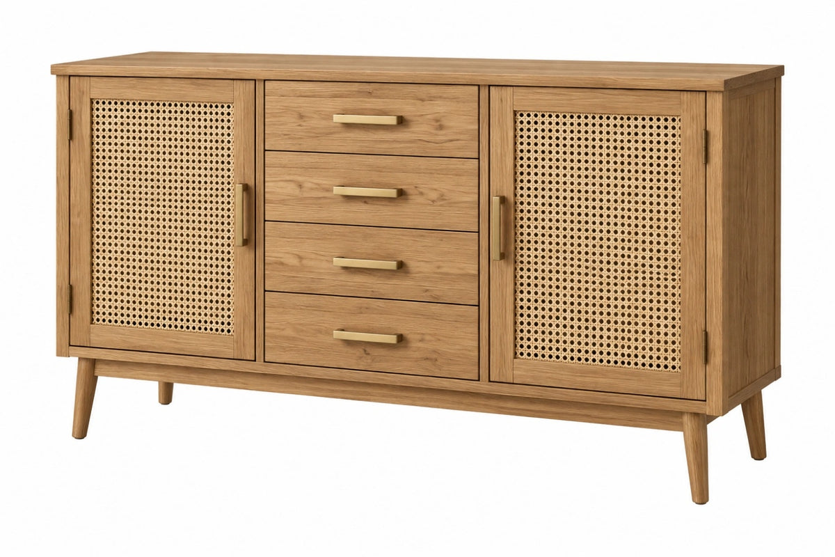 Credenza 160 x 45 x 85 cm in legno naturale e rattan con 4 cassetti stile retrò