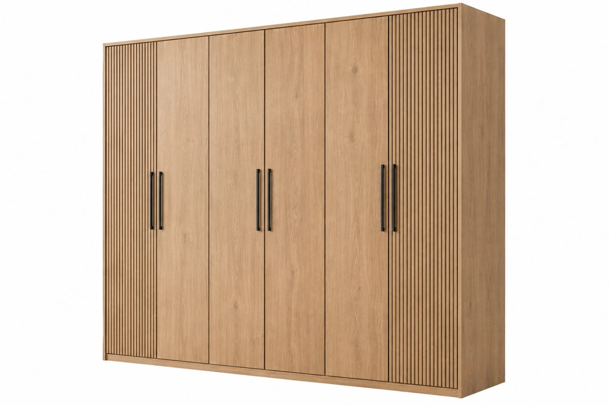 Armadio 240 x 60 x 220 cm effetto legno rovere a 6 ante con pannelli scanalati