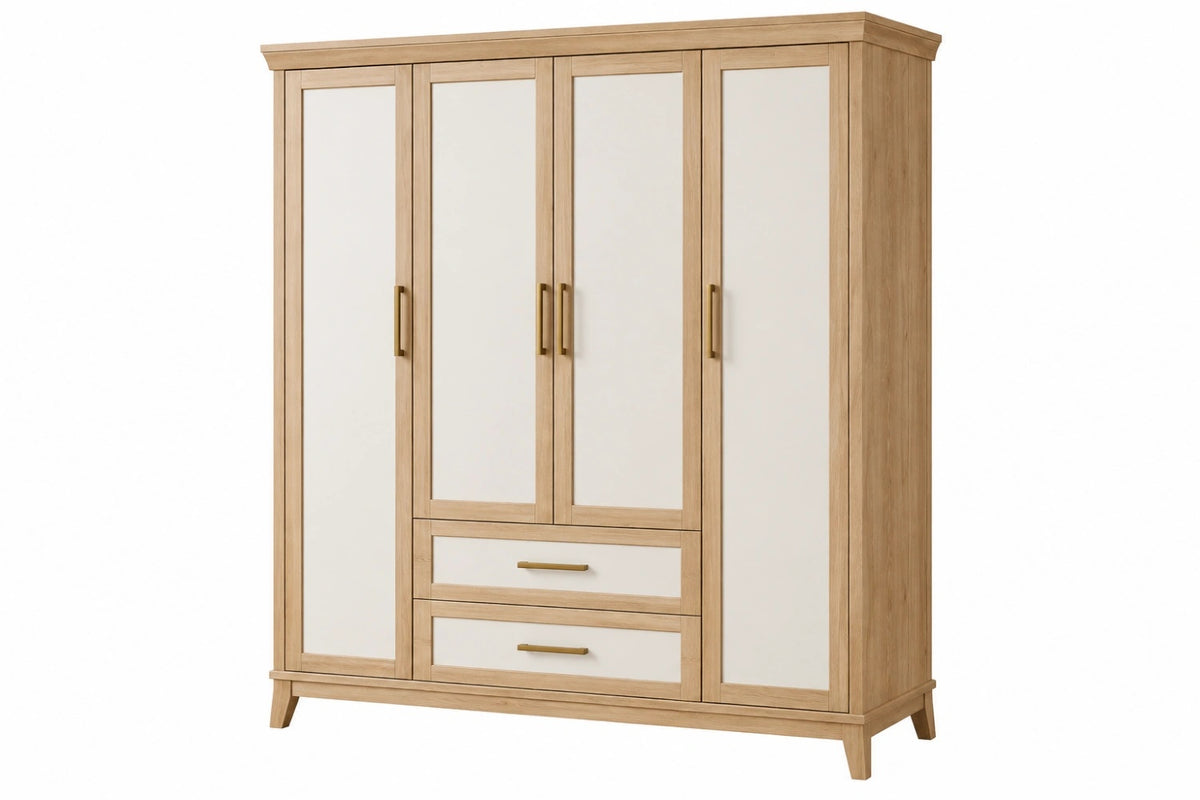 Armadio guardaroba 180x55x200 cm in legno ingegnerizzato rovere chiaro e bianco con 4 ante e 2 cassetti stile classico