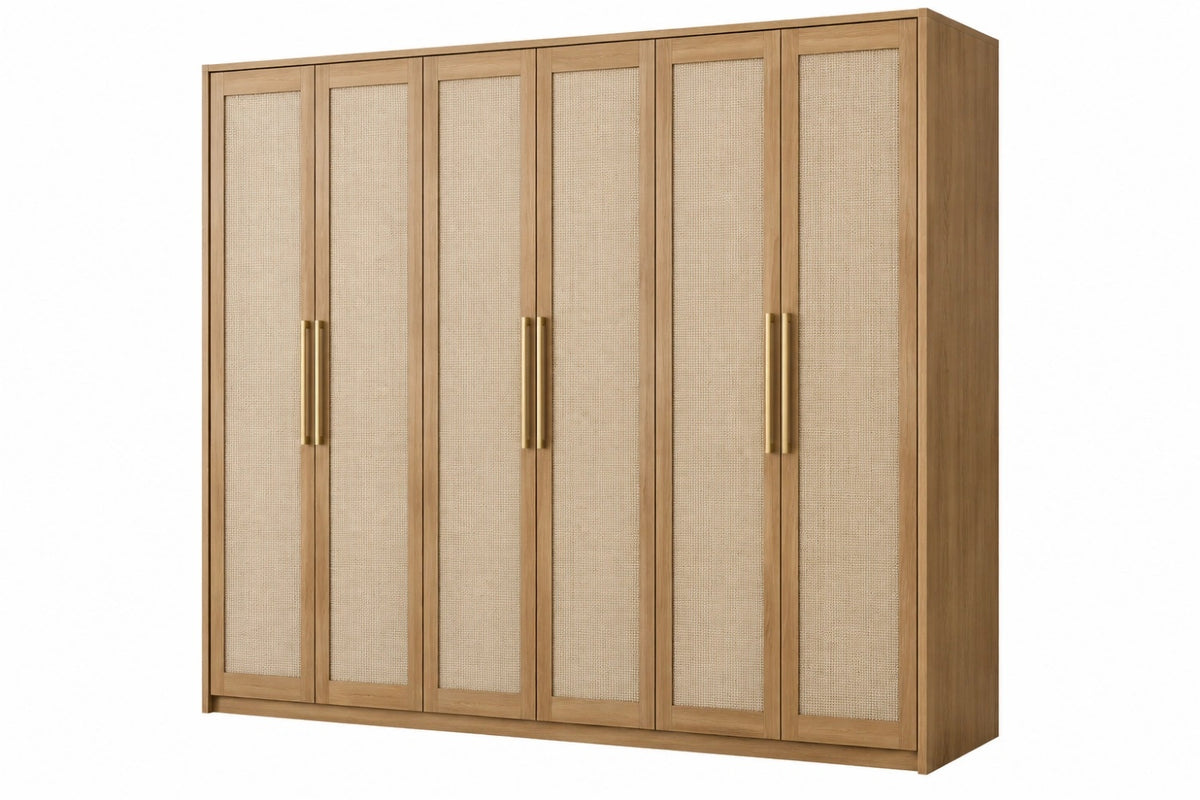 Armadio guardaroba 300 x 60 x 240 cm in legno naturale con ante in rattan stile moderno