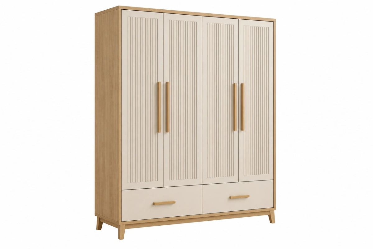 Armadio guardaroba 180 x 55 x 200 cm effetto legno rovere e beige a 4 ante con 2 cassetti