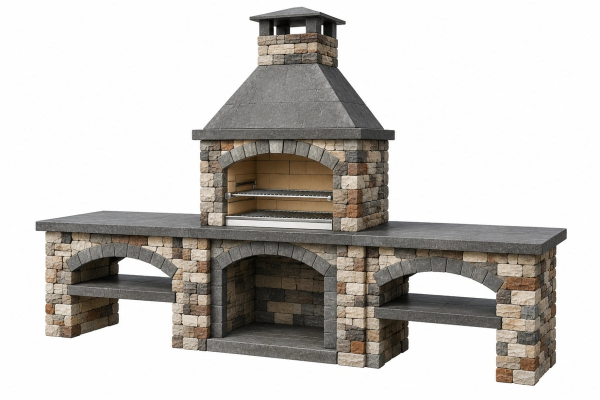 Barbecue da giardino 300 x 80 x 250 cm in pietra grigio beige con camino e piani di lavoro