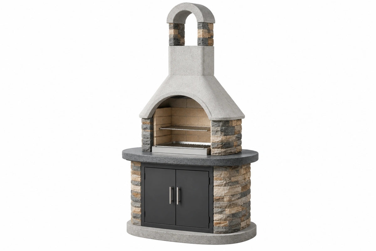 Barbecue da giardino 120 x 80 x 220 cm in pietra grigio antracite con griglia e vano contenitore