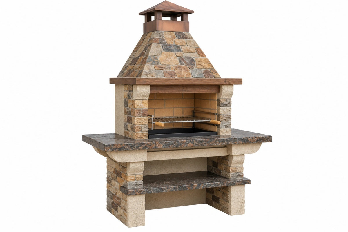 Barbecue da giardino 140 x 80 x 220 cm in pietra marrone beige con griglia stile rustico