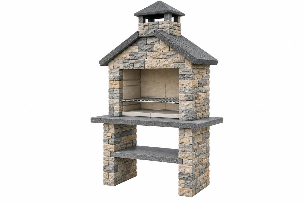 Barbecue da giardino 120 x 70 x 220 cm in pietra grigio beige con griglia in metallo e camino