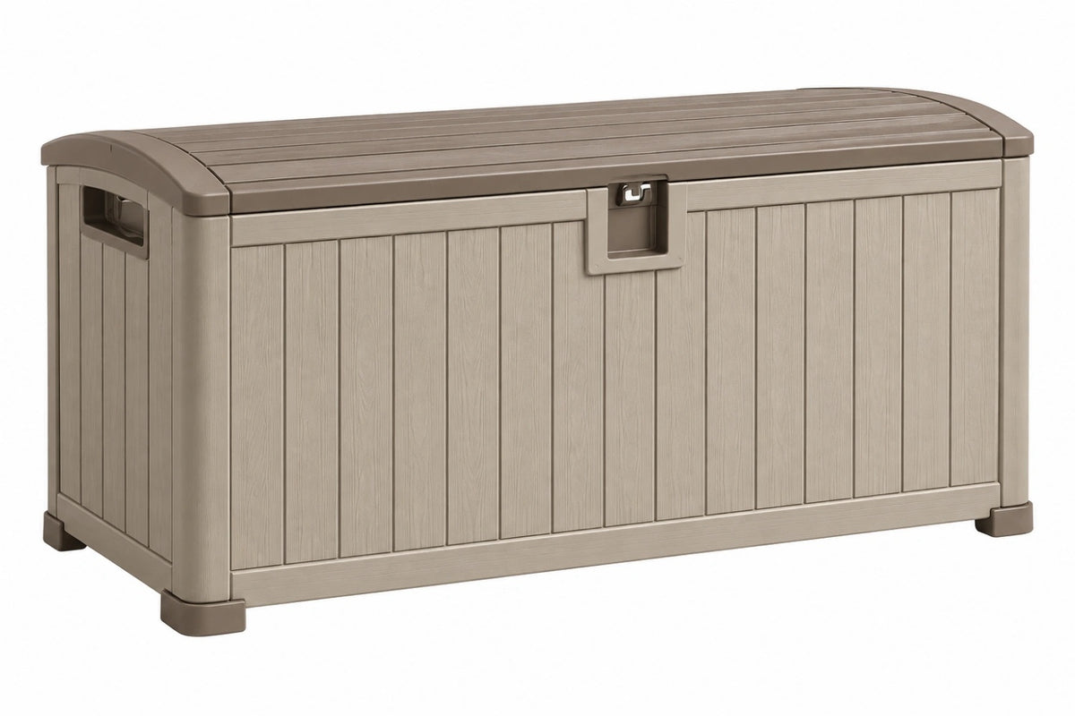 Cassapanca da esterno 120 x 56 x 60 cm in plastica tortora effetto legno con coperchio