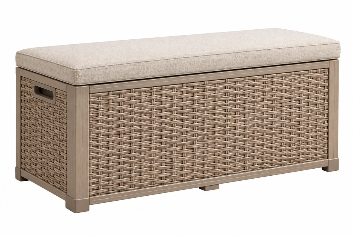 Panca contenitore da esterno 120 x 45 x 50 cm in rattan sintetico beige con cuscino