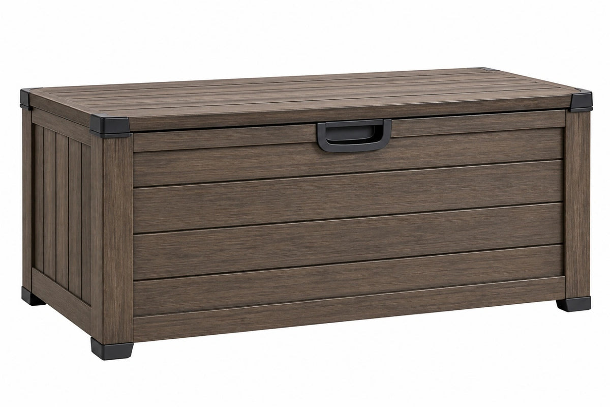 Cassapanca da esterno 120 x 60 x 65 cm in resina sintetica marrone effetto legno con coperchio