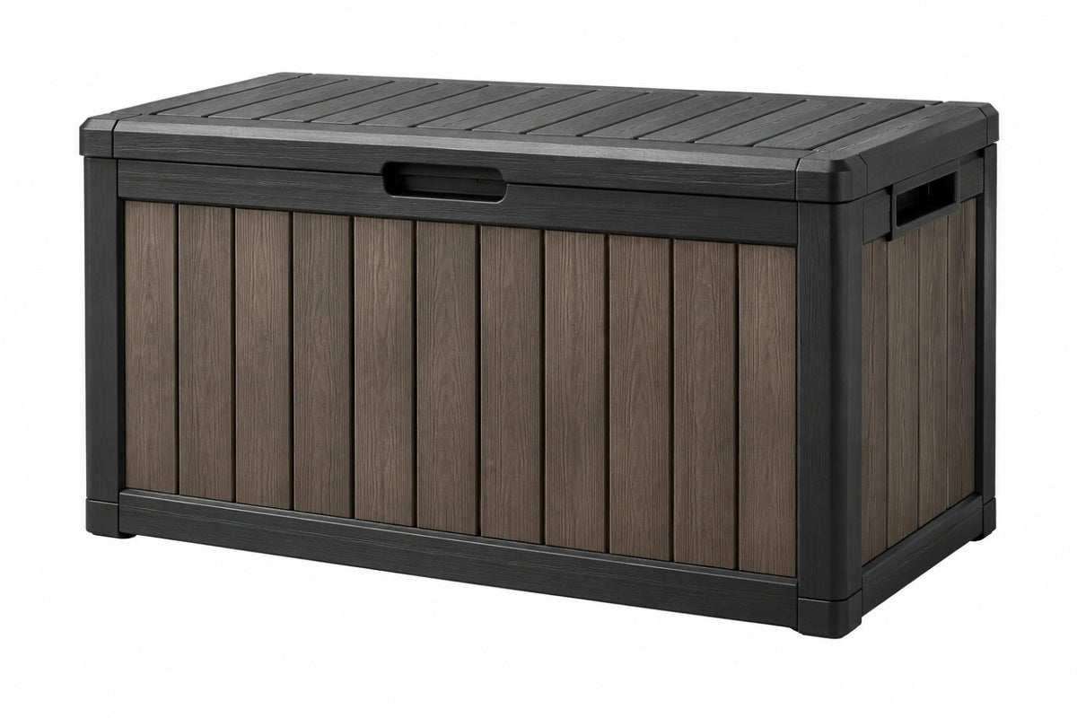Cassapanca da esterno 120 x 60 x 63 cm in resina nero/marrone con coperchio