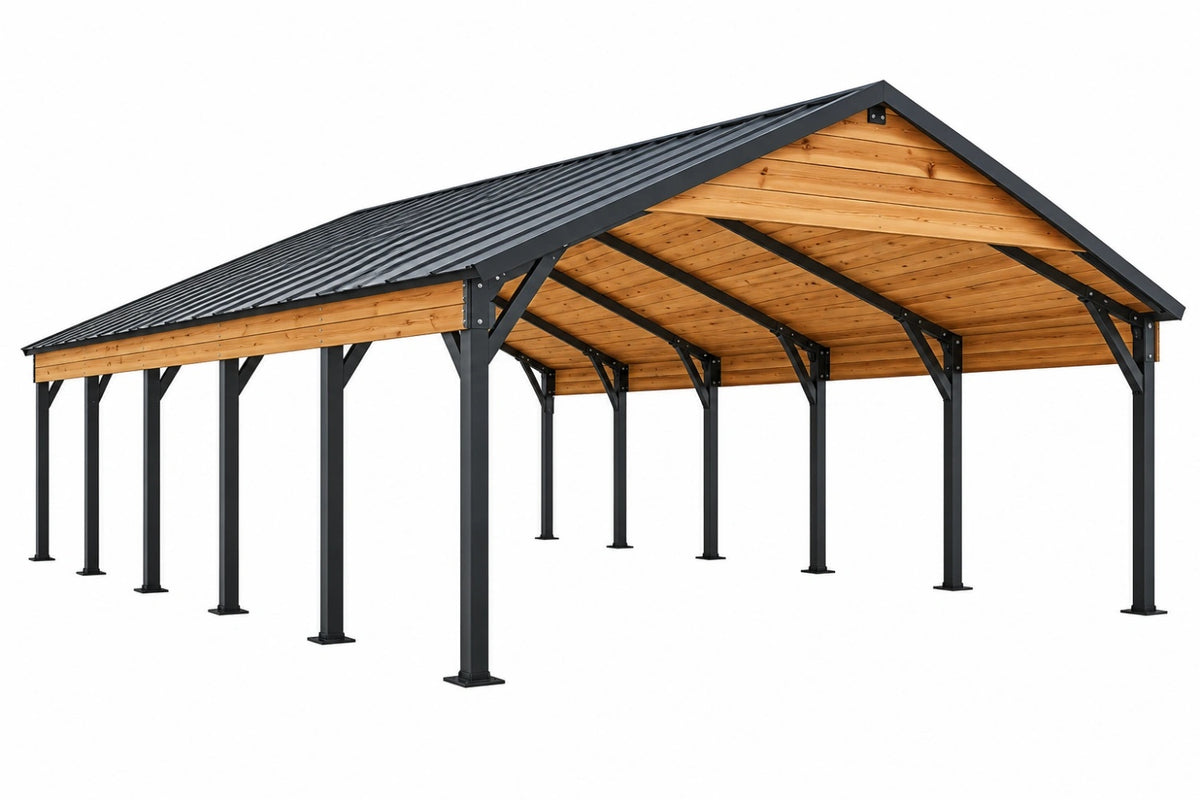 Carport 600 x 300 x 300 cm in acciaio e legno nero marrone con tetto a falde
