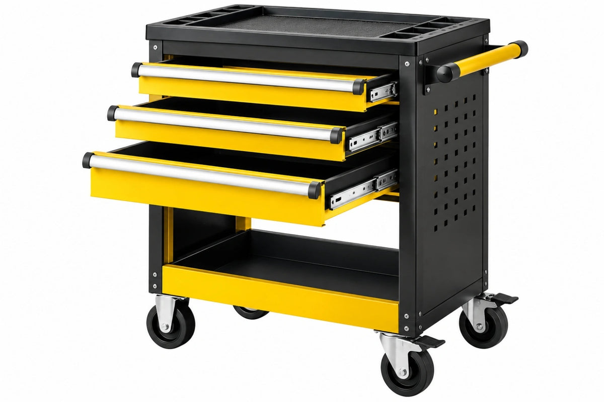 Carrello portautensili 80 x 45 x 95 cm in acciaio nero/giallo con 3 cassetti per officina