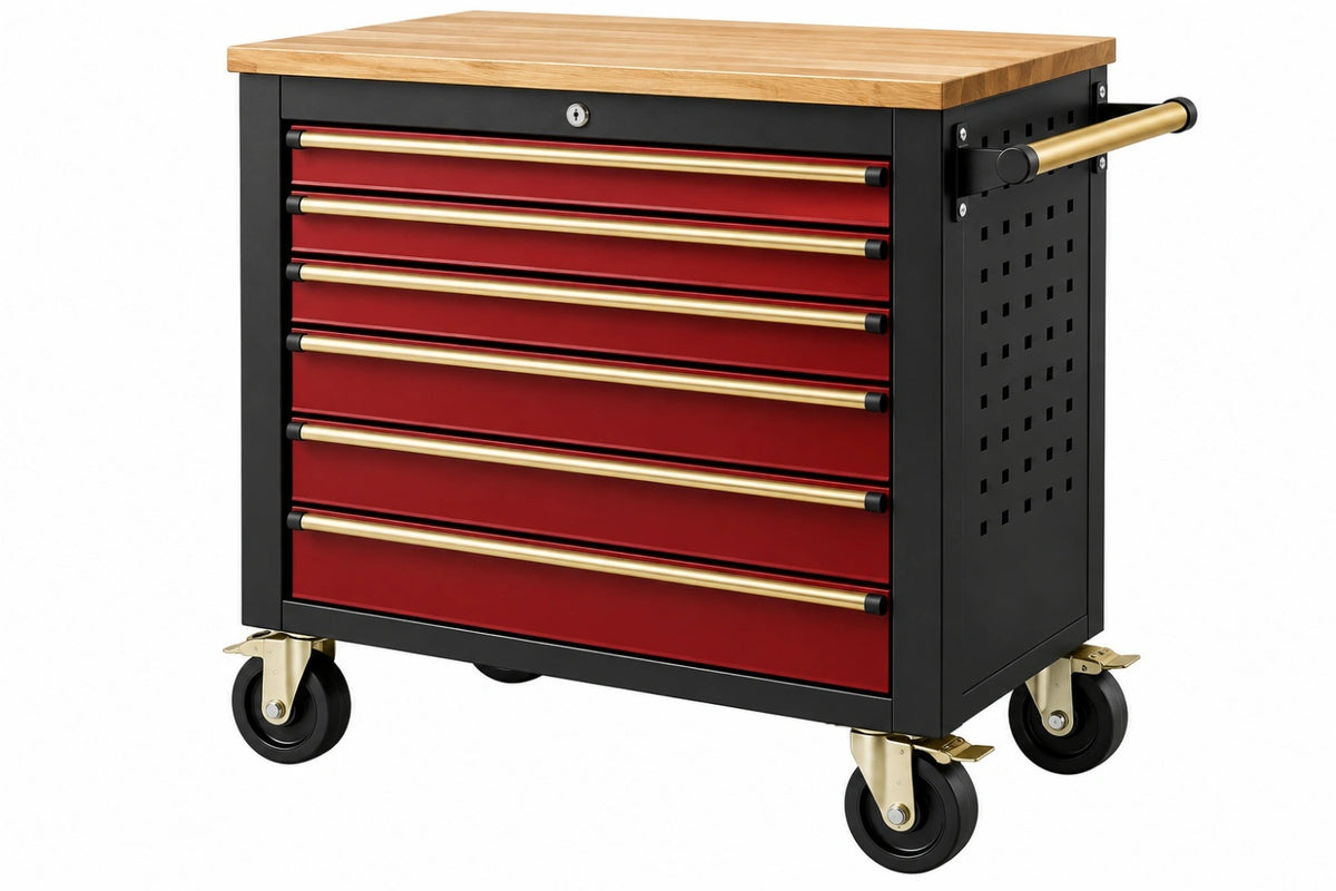 Carrello portautensili 100 x 50 x 100 cm in acciaio nero e rosso con piano in legno e 7 cassetti