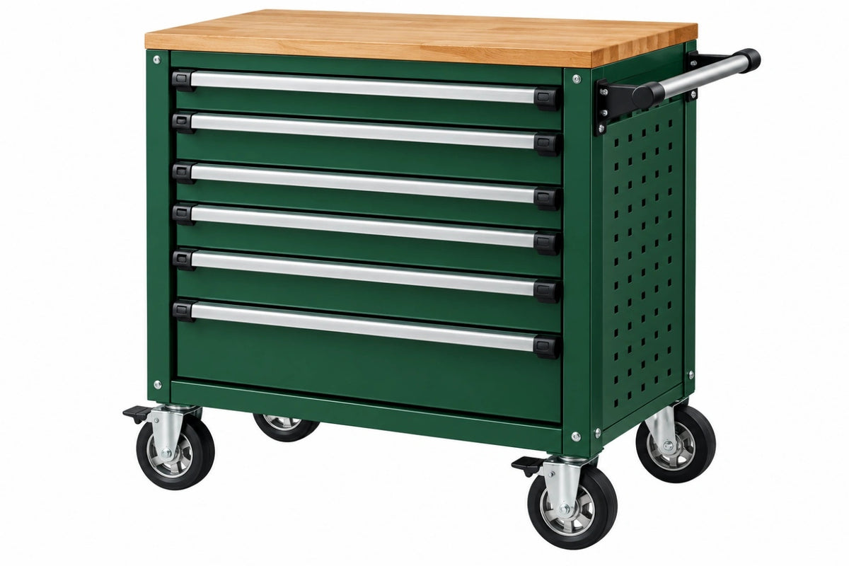 Carrello portautensili 100 x 50 x 95 cm in acciaio verde con 6 cassetti e piano in legno