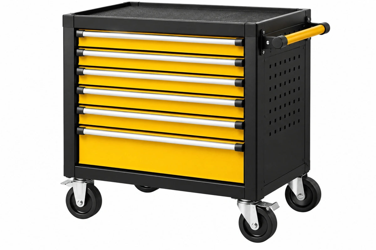 Carrello portautensili 77 x 46 x 97 cm in acciaio nero giallo industriale con 7 cassetti e ruote