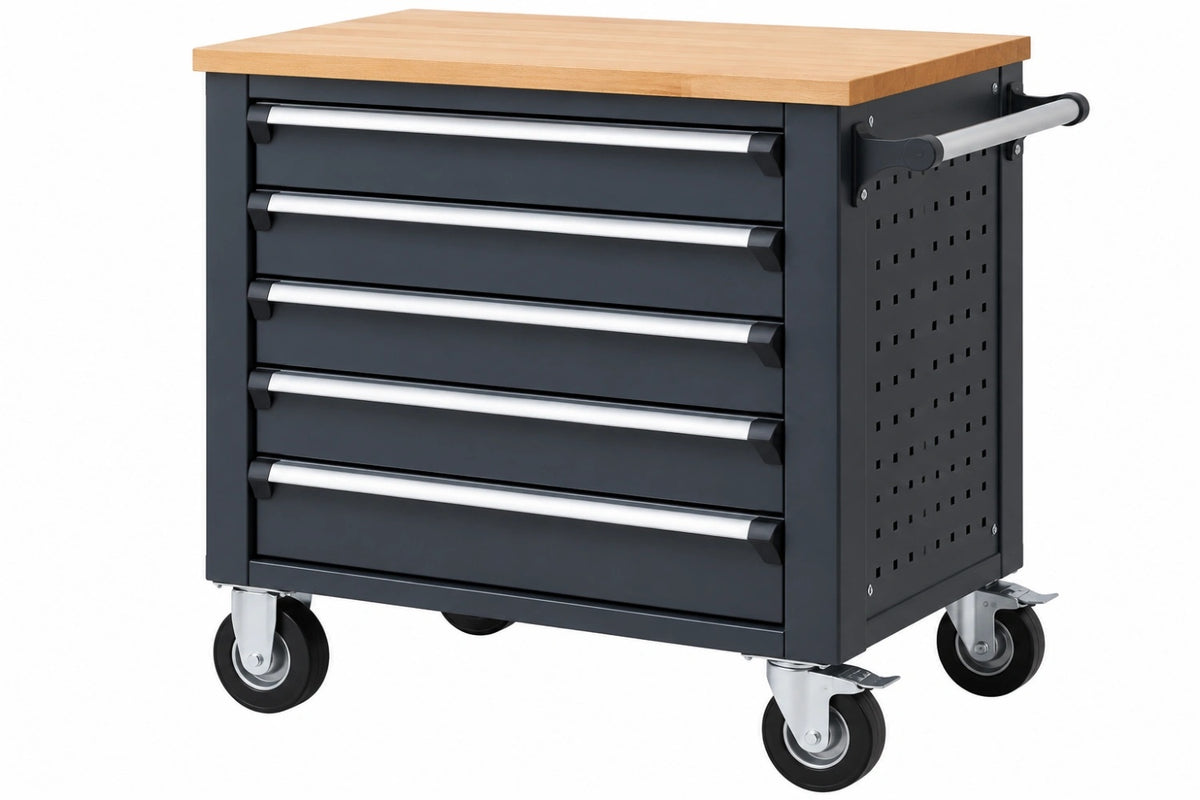 Carrello portautensili 77 x 46 x 97 cm in acciaio nero con piano in legno - 5 cassetti su ruote