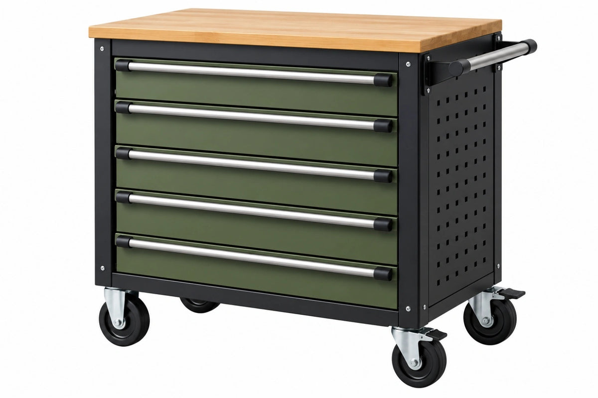 Carrello portautensili 77 x 46 x 96 cm in acciaio verde e nero con piano in legno e 5 cassetti