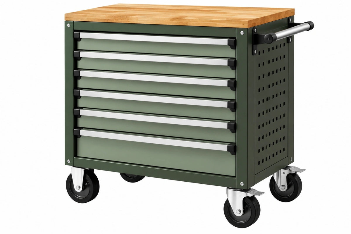 Carrello portautensili 76 x 46 x 95 cm in acciaio verde con piano in legno e 6 cassetti