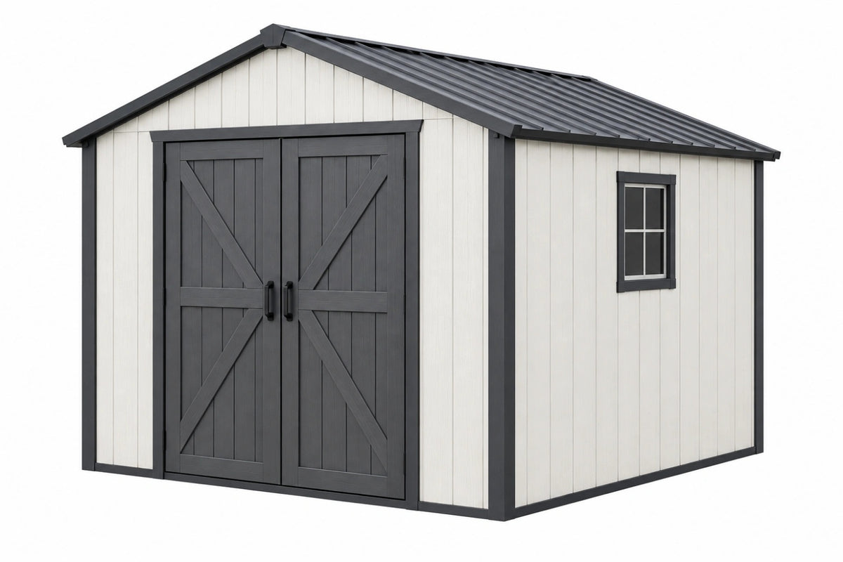 Casetta da giardino 300 x 240 x 240 cm in resina bianca e antracite con doppia porta e finestra