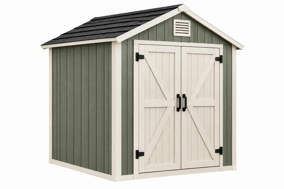 Casetta da giardino 213 x 147 x 204 cm in legno verde e bianco con doppia porta stile rustico