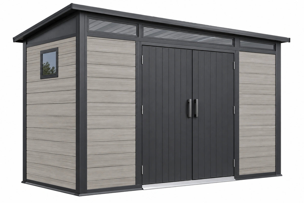 Casetta da giardino 340 x 220 x 230 cm in metallo grigio e antracite con doppia porta