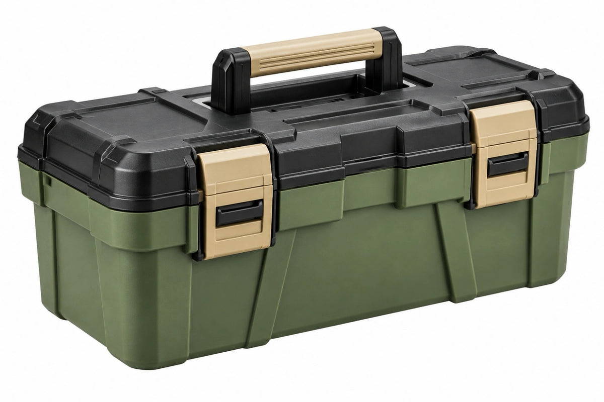 Cassetta portautensili 55 x 28 x 27 cm in plastica verde nero beige con maniglia e chiusure per attrezzi