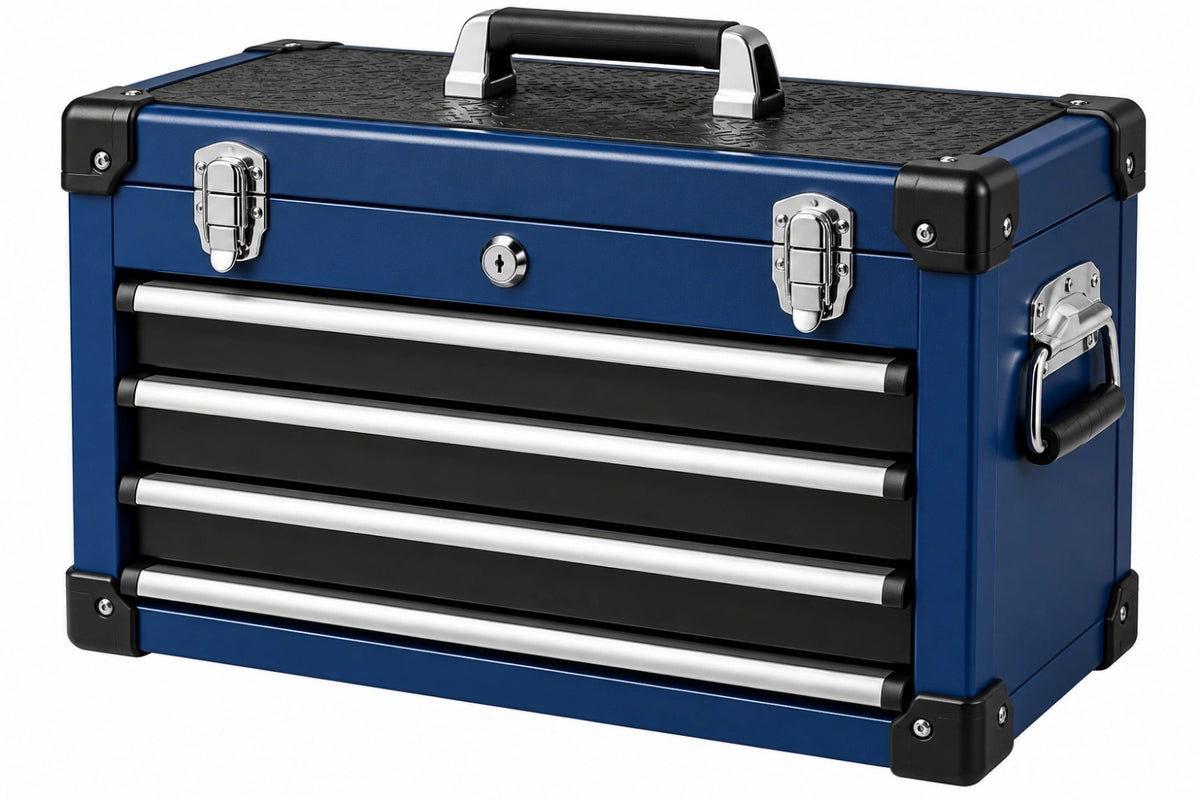 Cassettiera portautensili 60 x 30 x 35 cm in acciaio blu con 4 cassetti e maniglie