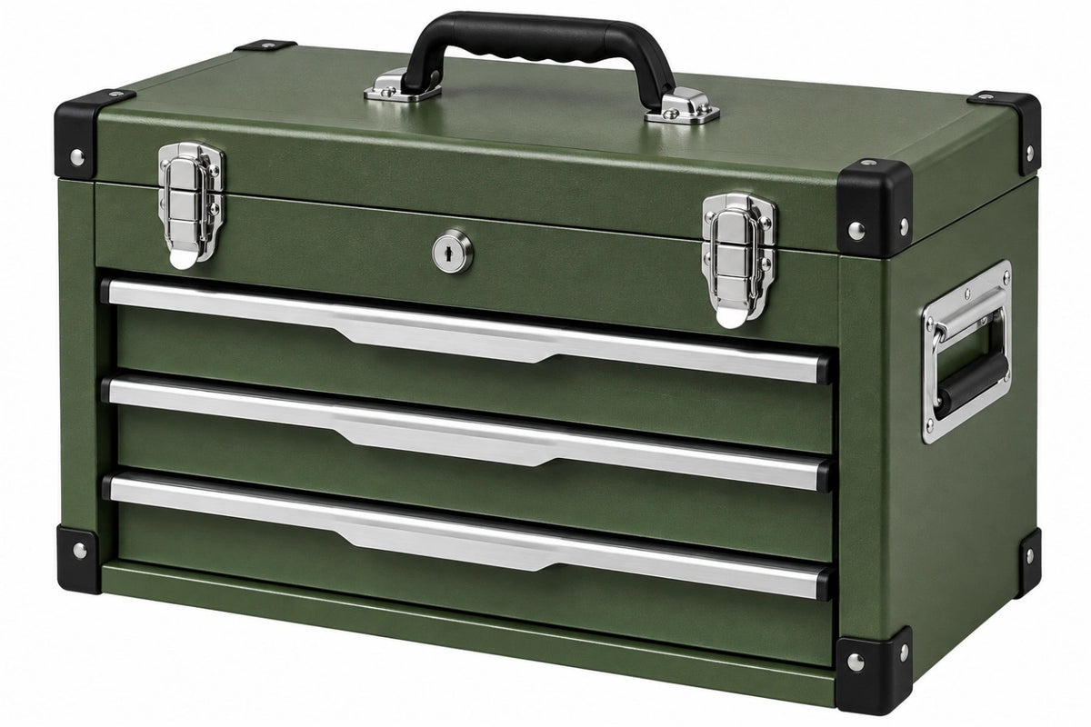 Cassettiera portautensili 60 x 30 x 35 cm in acciaio verde con 3 cassetti e maniglia