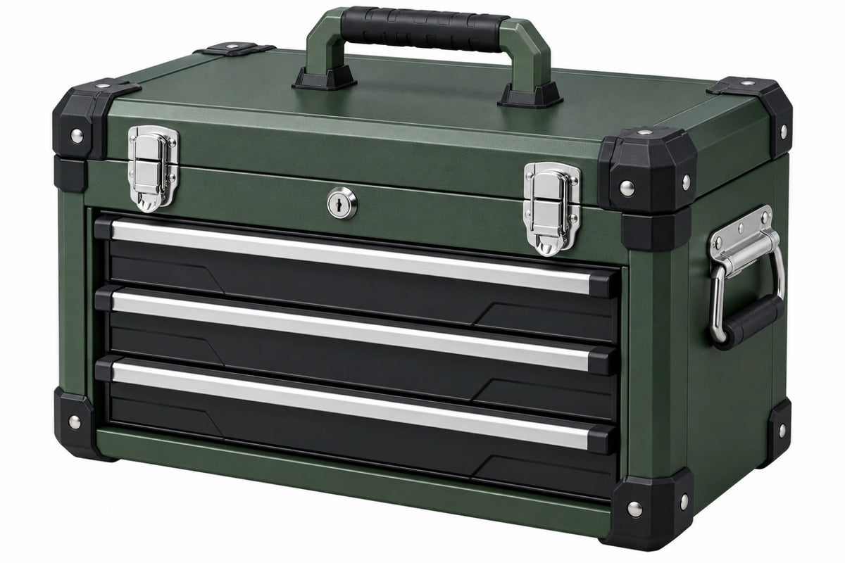 Cassettiera portautensili 50 x 25 x 30 cm in metallo verde con 3 cassetti e maniglie