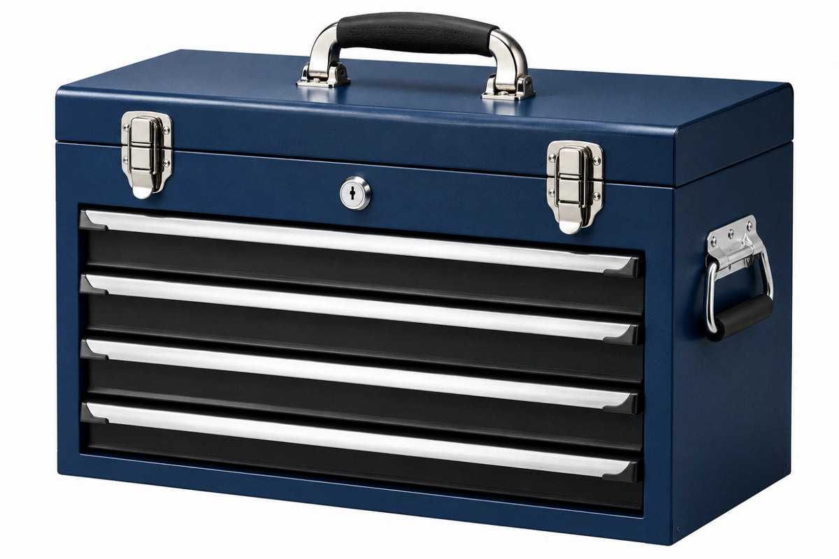 Cassettiera portautensili 50 x 25 x 30 cm in acciaio blu con 4 cassetti e serratura