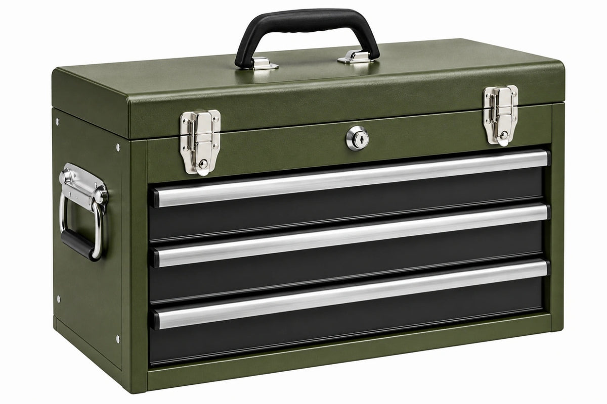 Cassetta portautensili 60 x 30 x 40 cm in metallo verde con 3 cassetti e serratura