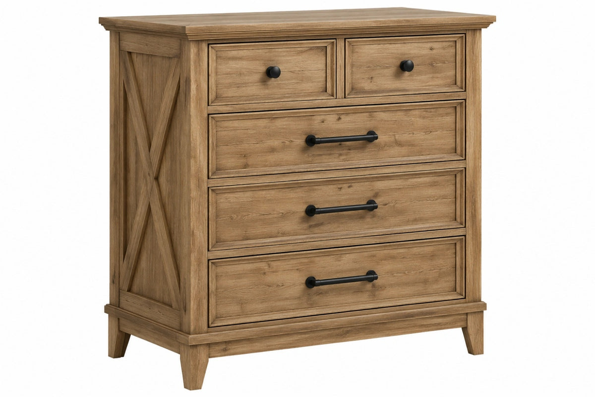 Cassettiera 100 x 45 x 120 cm in legno marrone stile rustico con 5 cassetti per camera da letto
