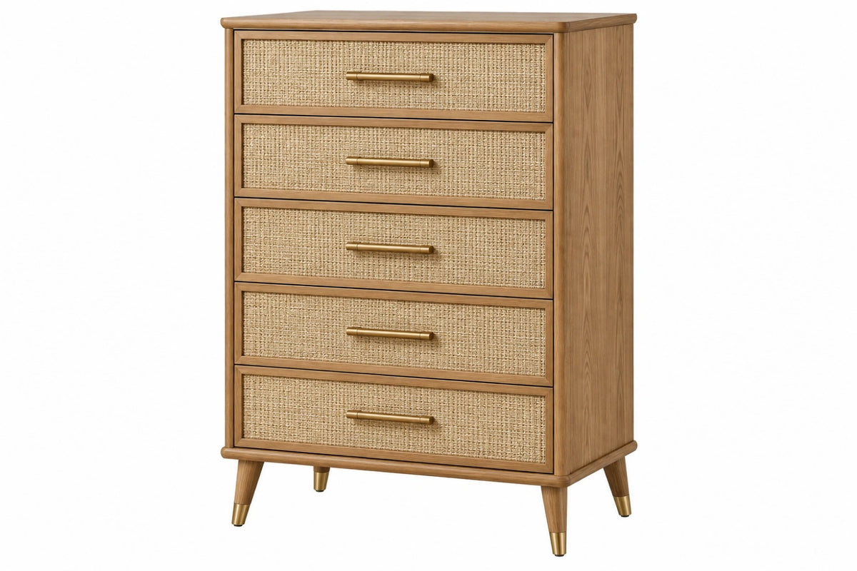 Cassettiera 80 x 40 x 120 cm in legno marrone con inserti intrecciati - stile retrò