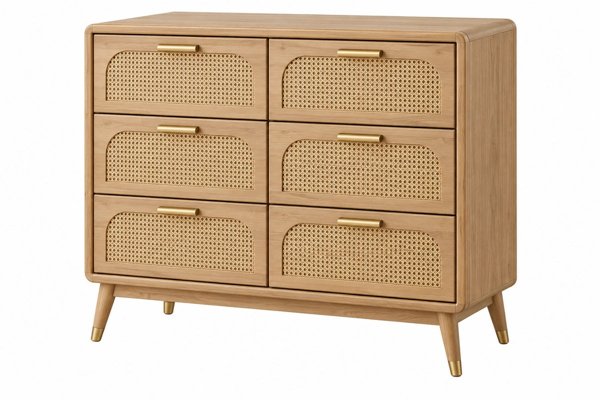 Cassettiera 120x45x85 cm in legno naturale e rattan con 6 cassetti stile retrò