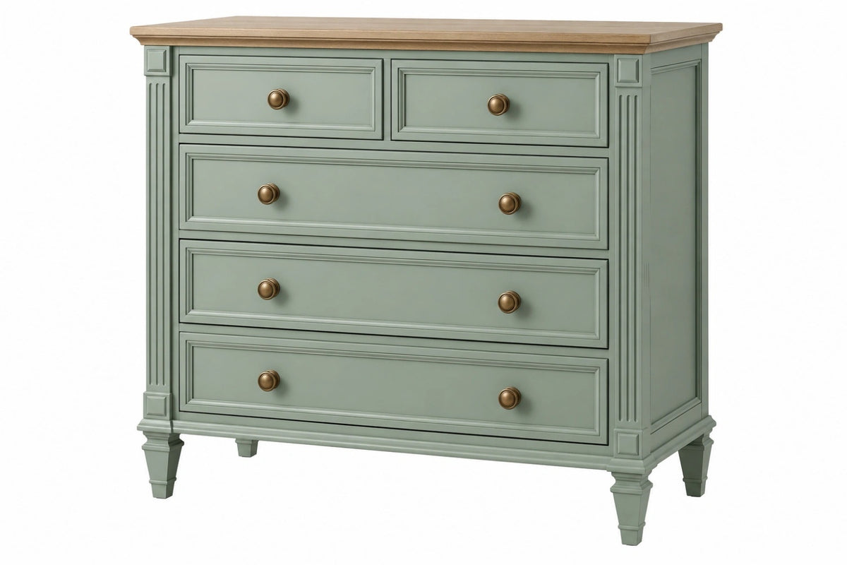 Cassettiera 120 x 45 x 100 cm in legno verde salvia con 5 cassetti stile classico