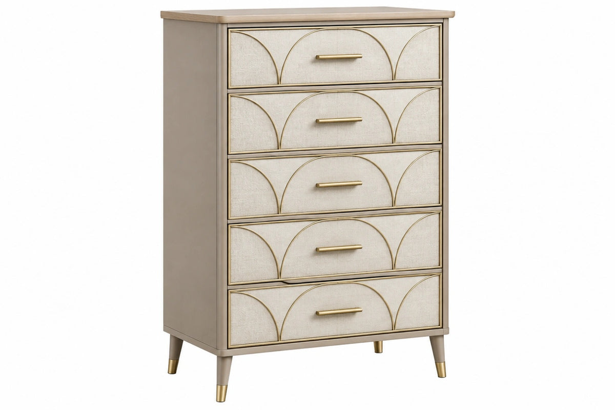 Cassettiera 80 x 40 x 120 cm beige e oro in legno ingegnerizzato a 5 cassetti stile moderno