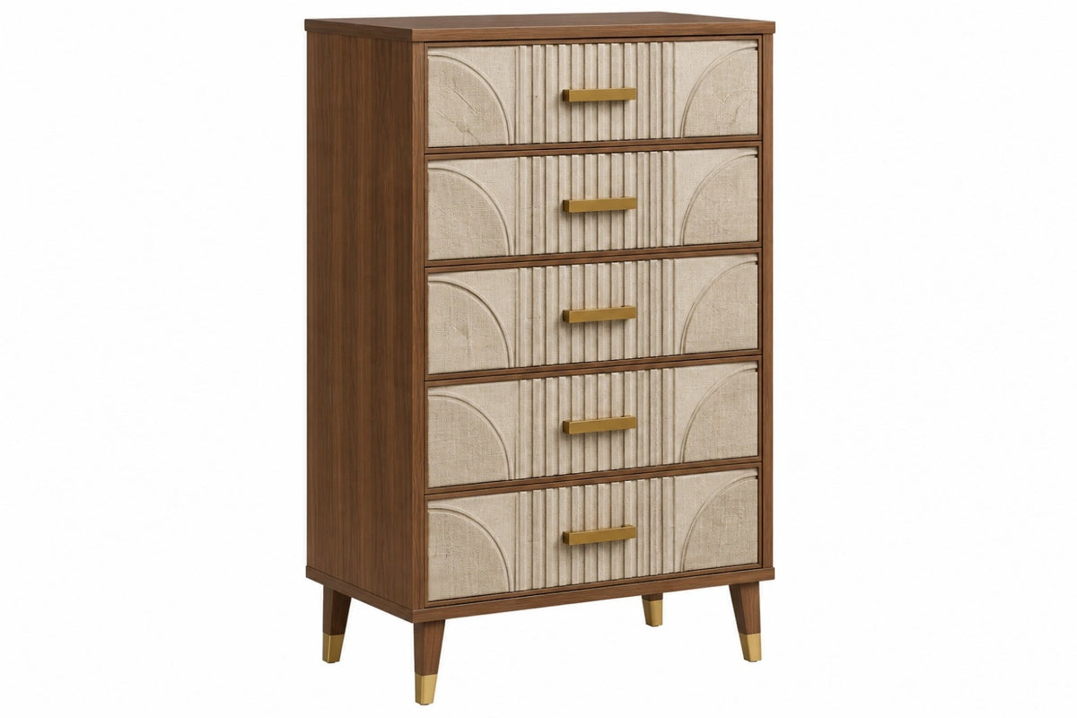 Cassettiera 80 x 40 x 140 cm in legno marrone e tessuto beige - 5 cassetti stile moderno